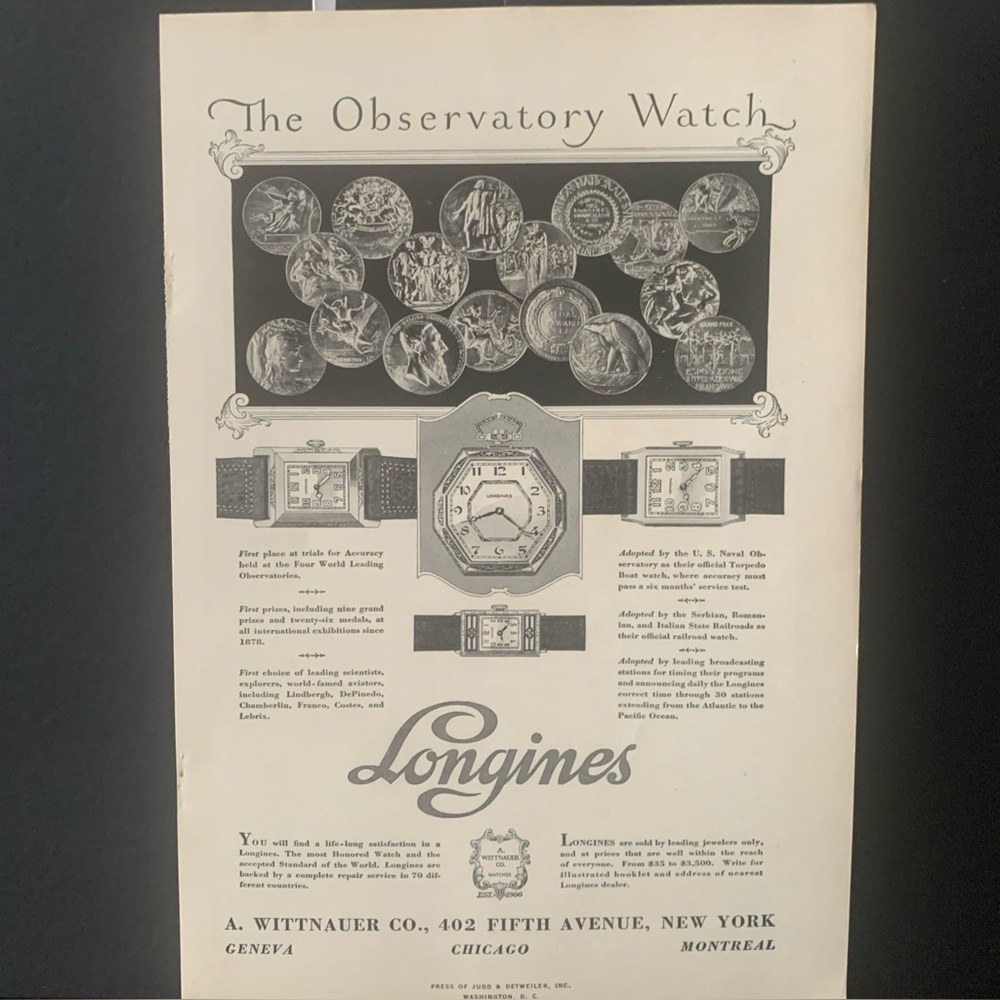 Vintage 1928 Longines Watch The Observatory Watch Ad Advertisement